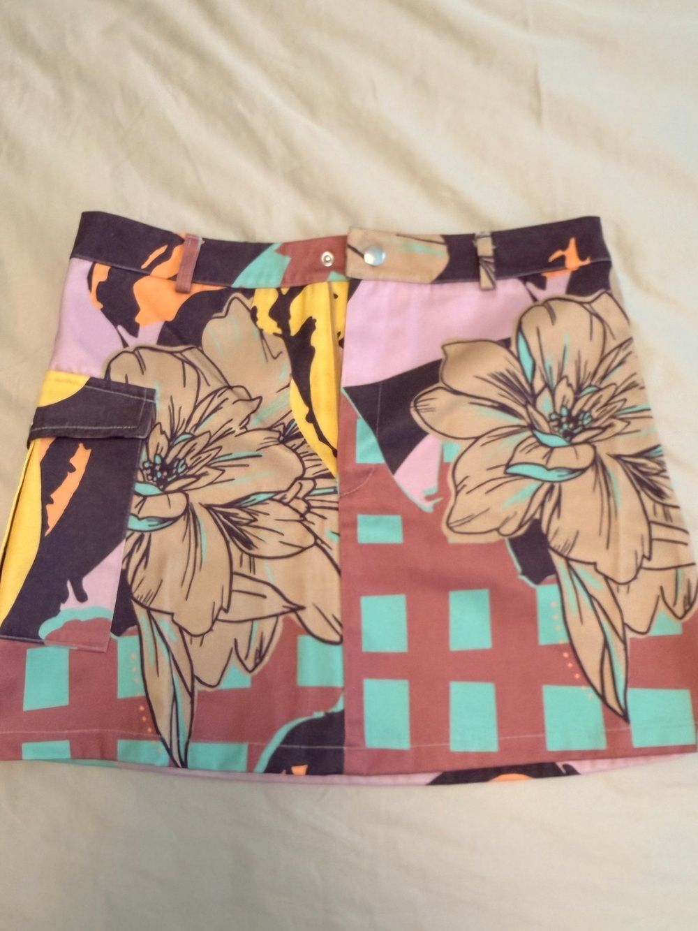 Brooks Floral Print Mini Skirt in Turquoise, Lavender, Tan & Yellow
